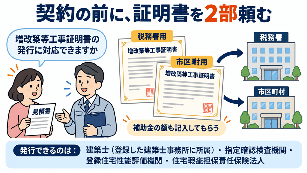 見積もりの段階で業者に増改築等工事証明書の発行を確かめ、税務署用と市区町村用の2部を頼む流れを示した図解