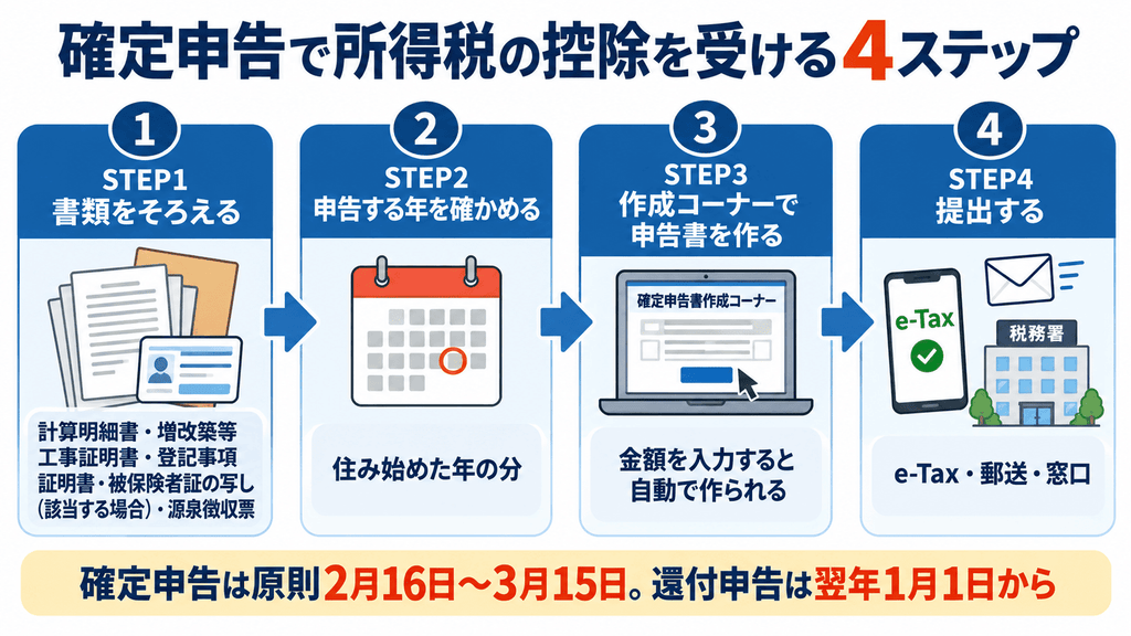 介護リフォームの所得税の控除を確定申告で受ける4ステップ。書類をそろえる、申告する年を確かめる、作成コーナーで申告書を作る、e-Tax・郵送・窓口で提出する