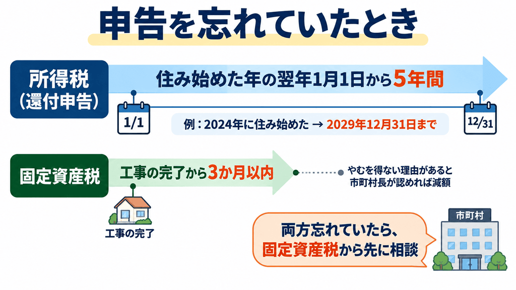 申告を忘れていた場合、所得税の還付申告は住み始めた年の翌年1月1日から5年間出せ、固定資産税は工事の完了から3か月以内が原則で、やむを得ない理由があると市町村長が認めれば減額されることを示した時間軸の図