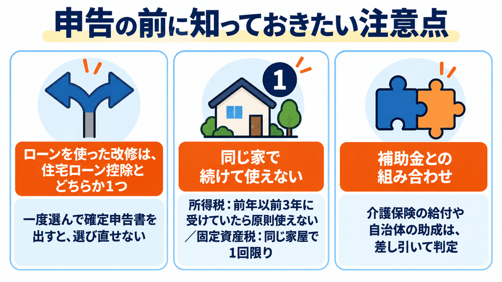 介護リフォームの減税の注意点3つ。ローンを使った改修は住宅ローン控除とどちらか1つで選び直せない、同じ家で続けて使えない、補助金は差し引いて判定する