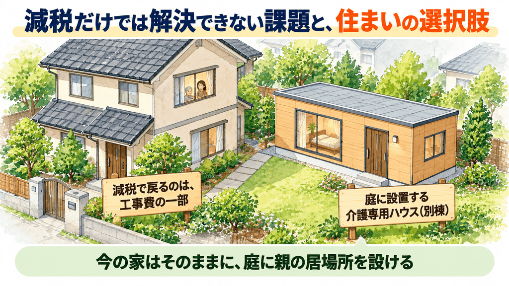 母屋はそのままに、庭のコンクリート基礎の上に介護専用ハウス（別棟）を設置した敷地を描いた水彩イラスト