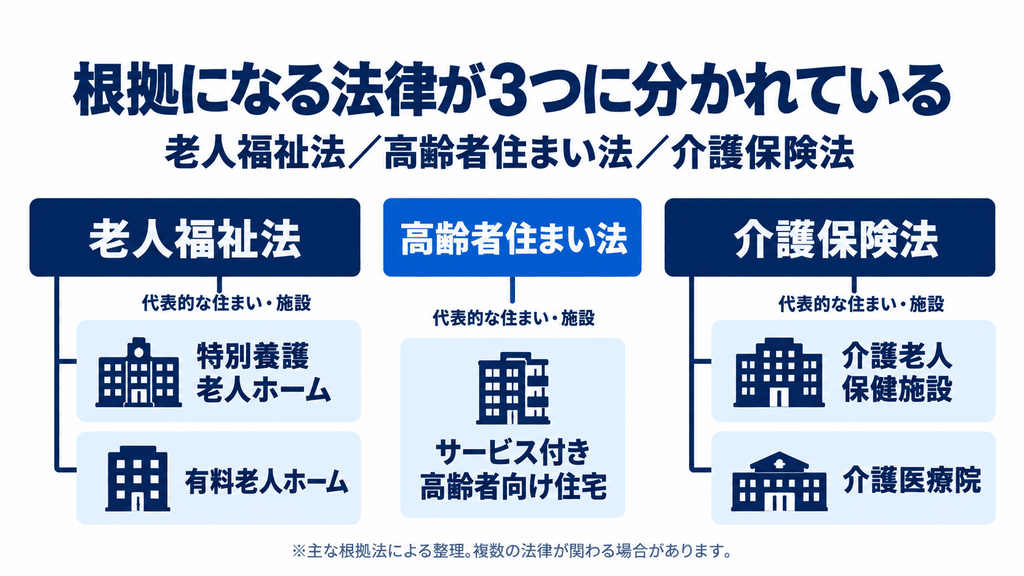 高齢者向け住宅が3つの法律から生まれていることを示す系統図