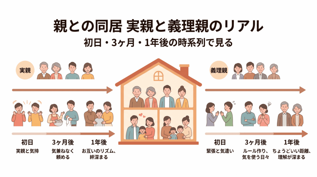 親との同居を実親ケースと義理親ケースで時系列に示すイラスト