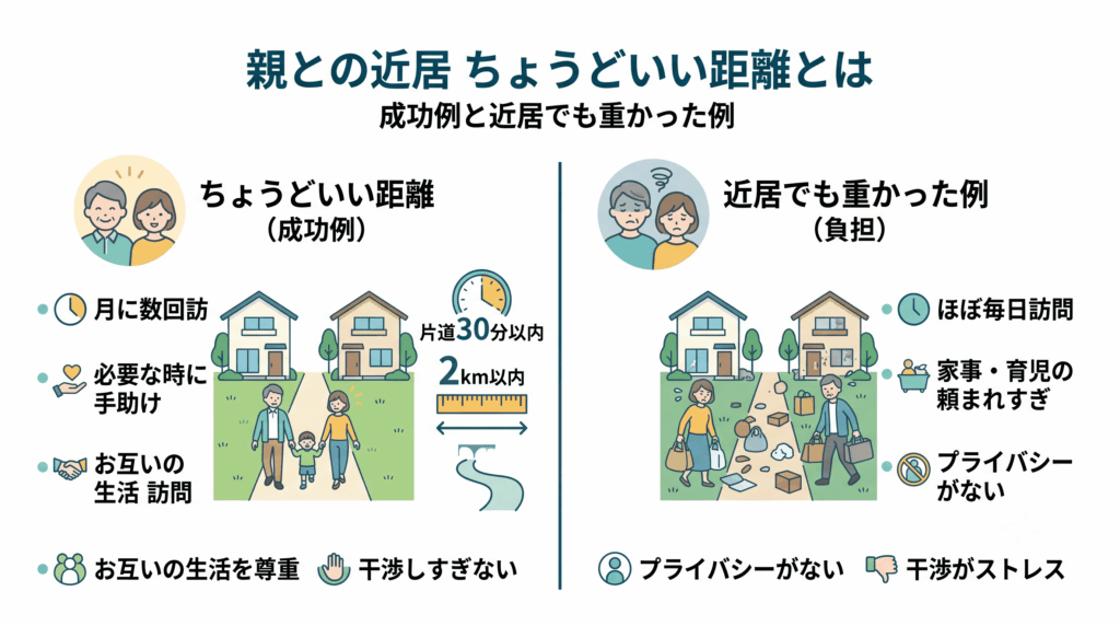 親との近居で成功例と失敗寄りの事例を対比して示すイラスト