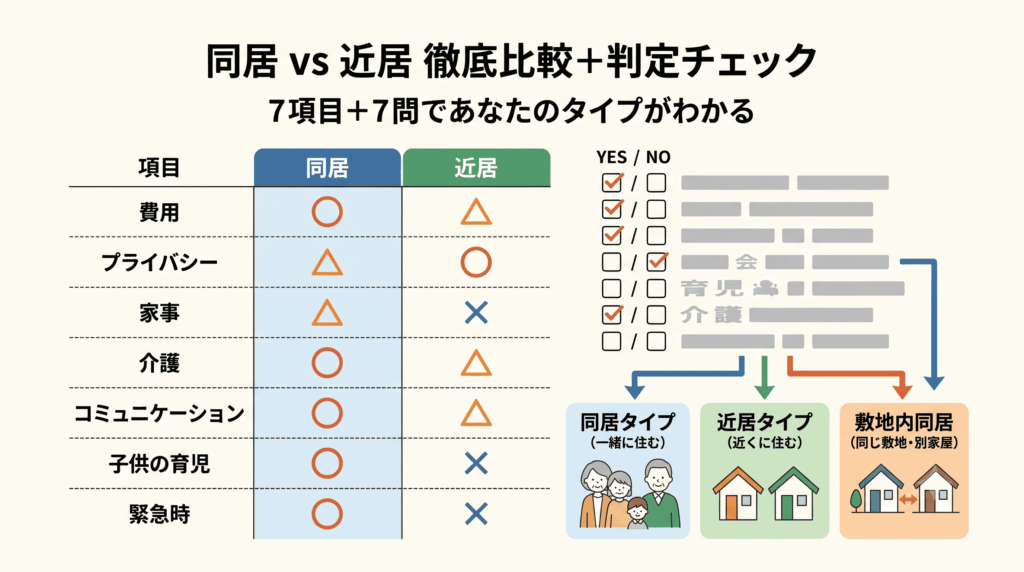 同居と近居を7項目で比較しチェックリストで判定するインフォグラフィック
