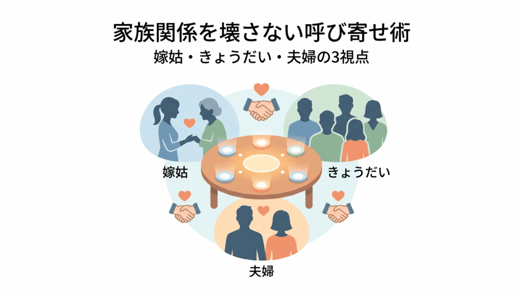 嫁姑・きょうだい・夫婦の3視点で家族関係を守る呼び寄せ術を示すイラスト