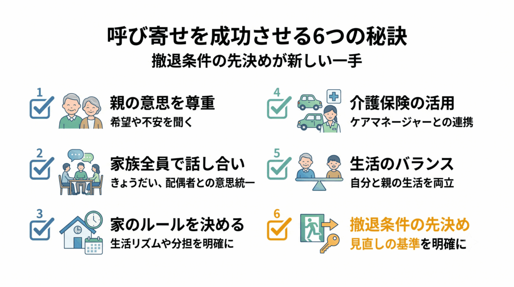 呼び寄せを成功させる6つの秘訣をチェックリスト形式で示すインフォグラフィック