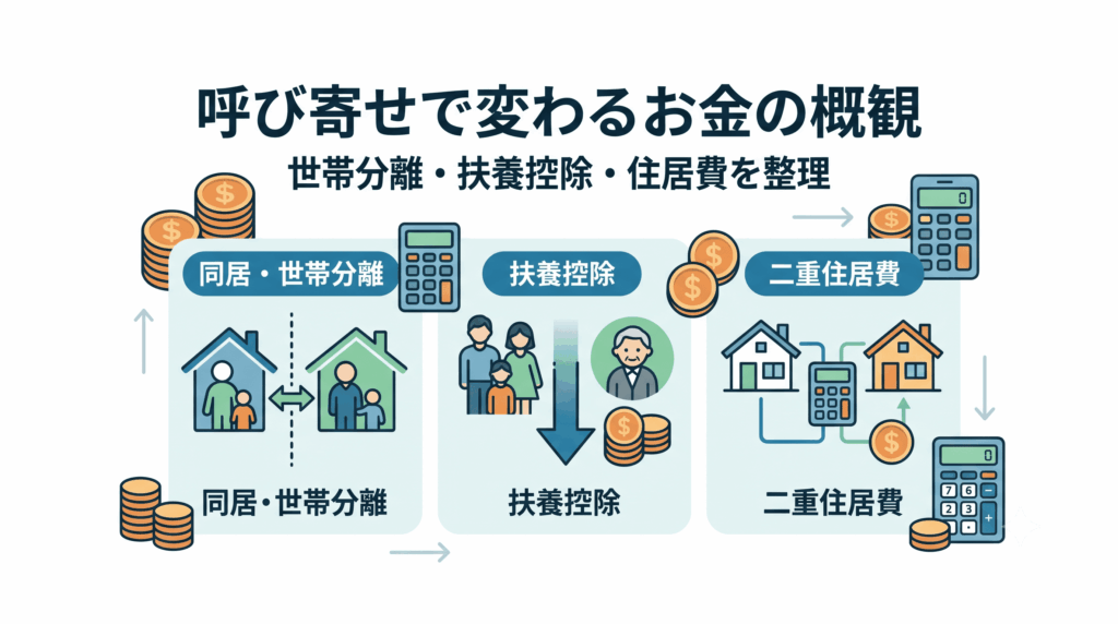 呼び寄せに関わるお金の概観を世帯分離・扶養控除・住居費で整理したイラスト