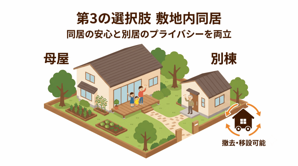 母屋の敷地内に別棟を設ける敷地内同居を示すイラスト