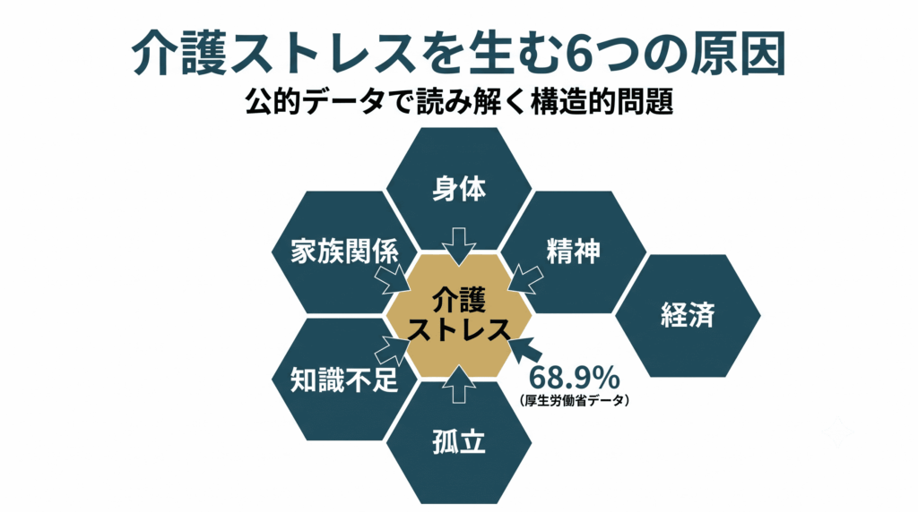 介護ストレスを生む6つの原因を六角形配列で示した構造図