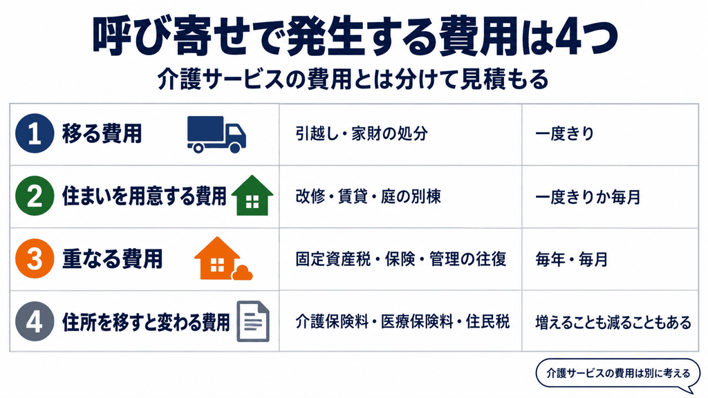 親の呼び寄せで発生する4つの費用(移る費用・住まいを用意する費用・重なる費用・住所を移すと変わる費用)を出方とともに並べた一覧表