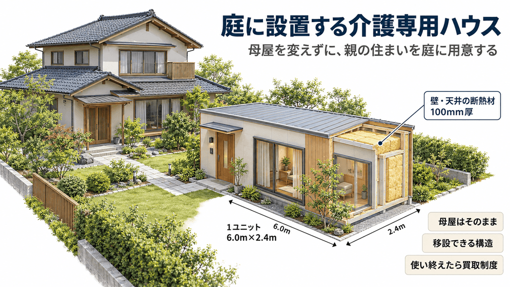 母屋の庭に設置した介護専用ハウス(別棟)を斜め上から見た図。断熱仕様と、移設・買取制度を示す札つき