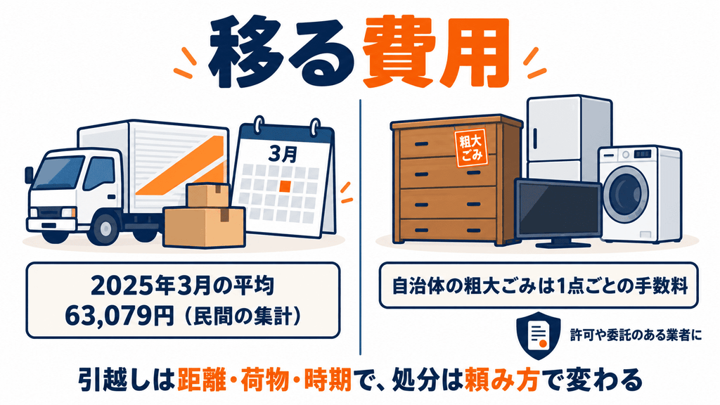 引越し料金の民間集計(2025年3月の平均63,079円)と、自治体の粗大ごみ・許可のある業者による家財の処分を並べた図