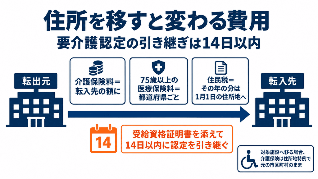 親が住所を移すと介護保険料・医療保険料・住民税の扱いが変わり、要介護認定は14日以内に引き継ぐことを示す図