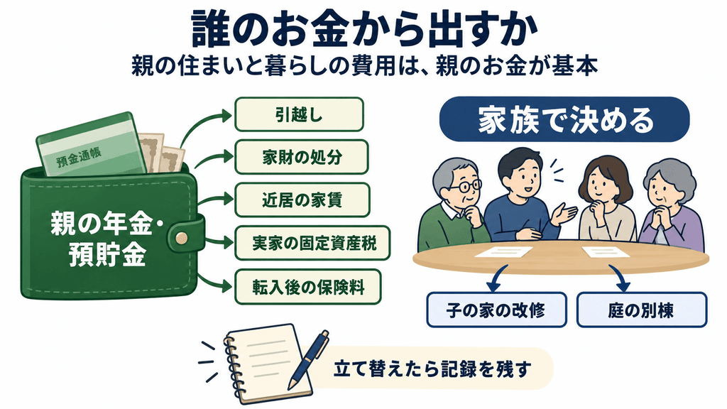 親の住まいと暮らしの費用は親の年金・預貯金から、子の家や敷地に残るものは家族で決めることを示す振り分けの図