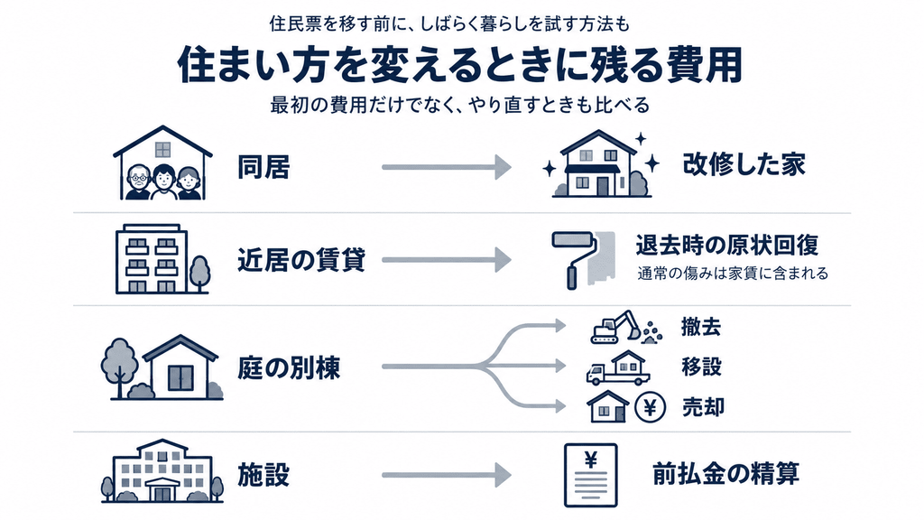 同居・近居の賃貸・庭の別棟・施設のそれぞれで、住まい方を変えるときに残る費用を示した図