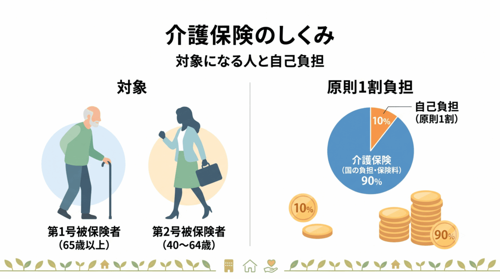 介護保険の対象者と自己負担のしくみを示した図解