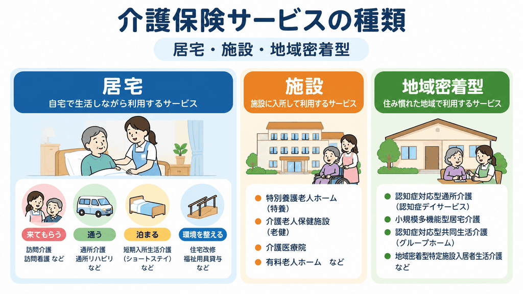 介護保険サービスの種類を居宅・施設・地域密着型に分類した一覧図