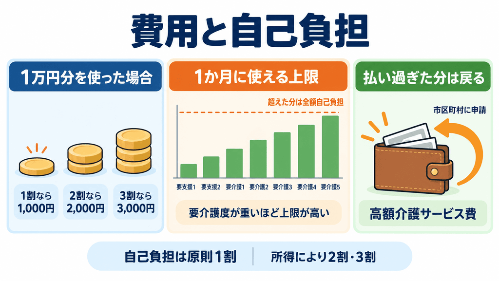 介護保険の自己負担割合・要介護度ごとの1か月の上限・払い戻しの仕組みを示した図解