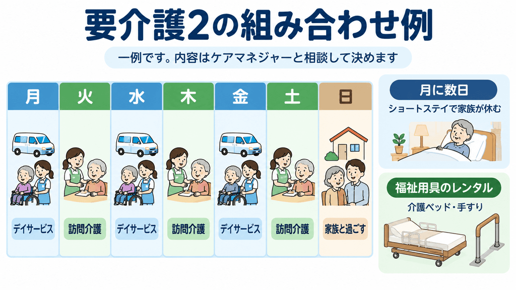 要介護2の親を在宅で支えるサービスの組み合わせ例（1週間の予定）の図解