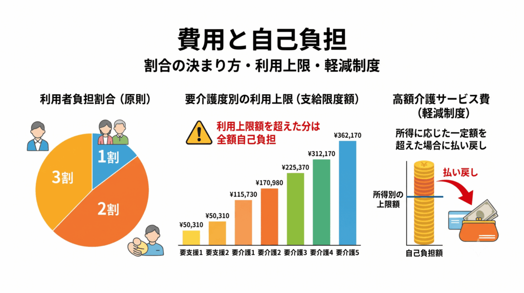 介護保険サービスの自己負担割合・利用上限・軽減制度を示した図解