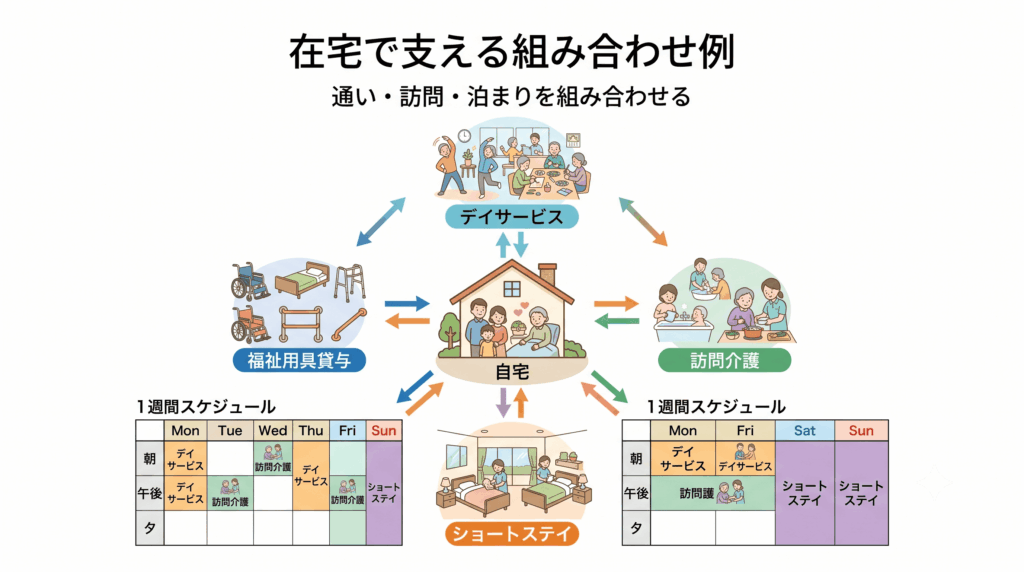 在宅介護でサービスを組み合わせる例を示した図解