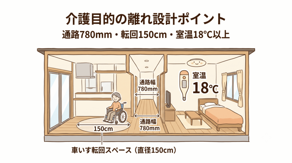 介護設計の公的寸法基準を示したバリアフリー住宅の図解