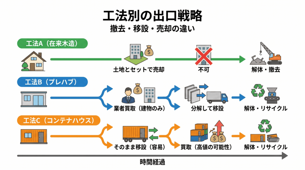 工法ごとの将来の撤去・移設・売却の違いを示した図解