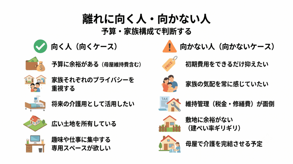離れが向くケース・向かないケースをチェックリスト形式で示した図解