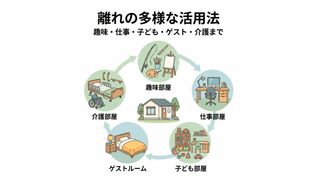 離れの5つの活用法を円形に配置したインフォグラフィック