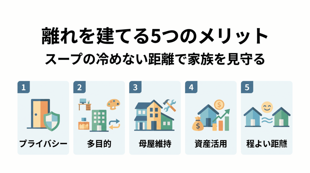 離れを建てる5つのメリットを番号付きで示したインフォグラフィック