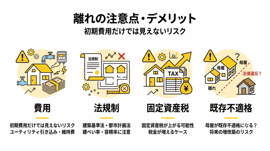 離れを建てる際の注意点を4アイコンで整理した図解