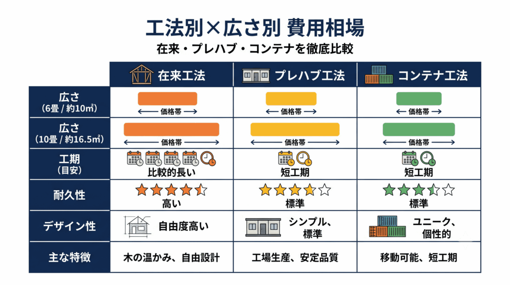 在来工法・プレハブ・コンテナの3工法を広さ別に比較する表