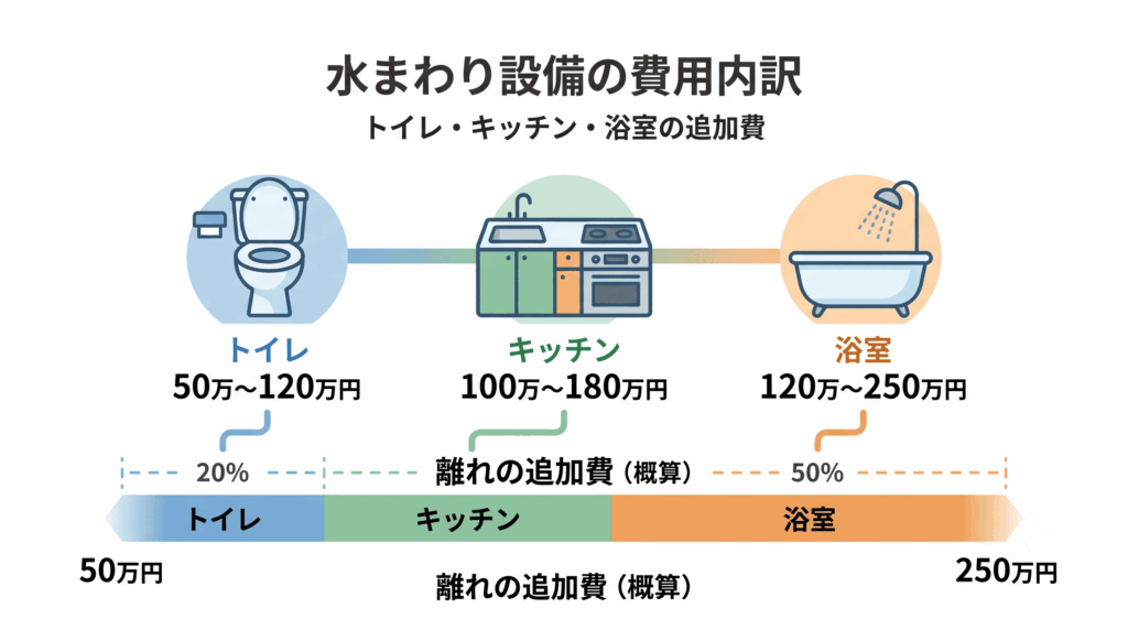 離れに追加する水まわり設備の費用内訳を示した図解