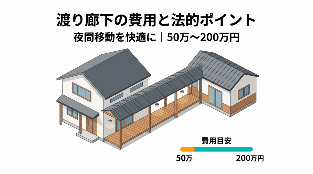 母屋と離れを結ぶ渡り廊下の費用と寸法基準を示した図解