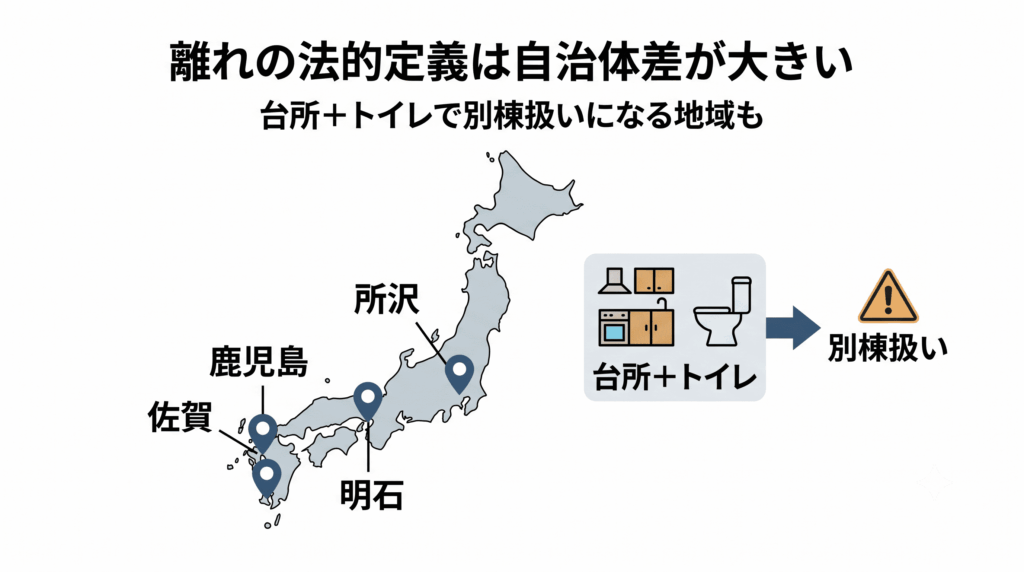自治体によって異なる離れの法的扱いを日本地図で示した図解