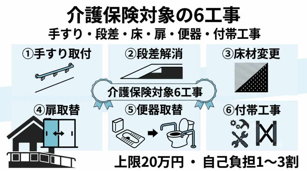 介護保険の対象となる6種類のリフォーム工事をピクトグラムで示す図解