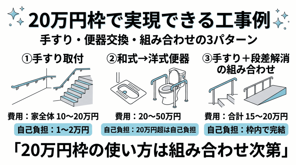 介護保険の20万円枠で実現できる3つの工事例（手すり・便器交換・組み合わせ）の比較図
