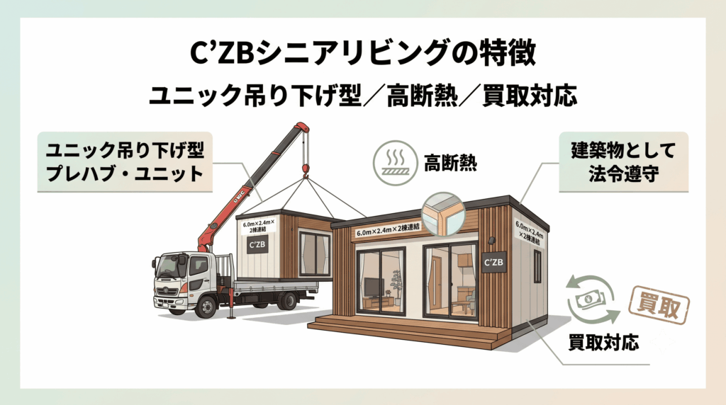 C'ZBシニアリビングの製品特徴を紹介するインフォグラフィック