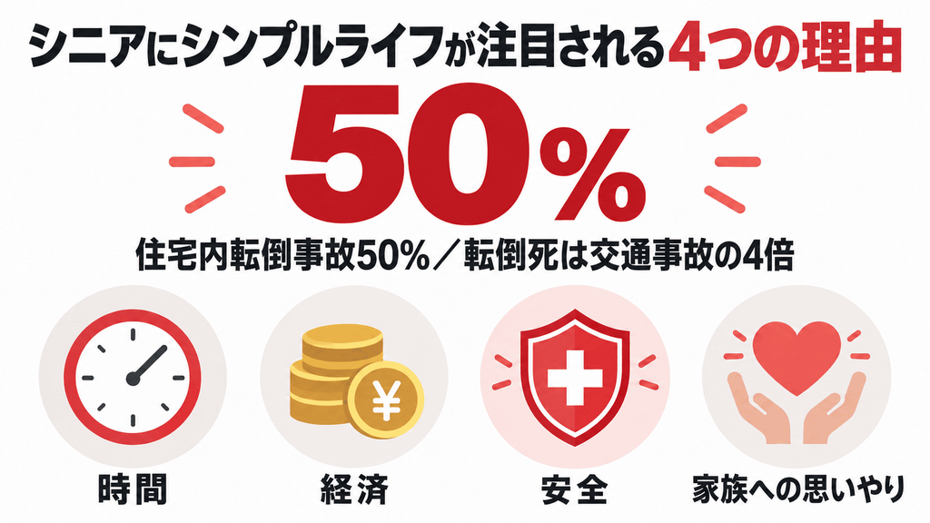 シニアにシンプルライフが注目される4つの理由(時間・経済・安全・家族)と、家庭内事故50%の統計を示す図解。