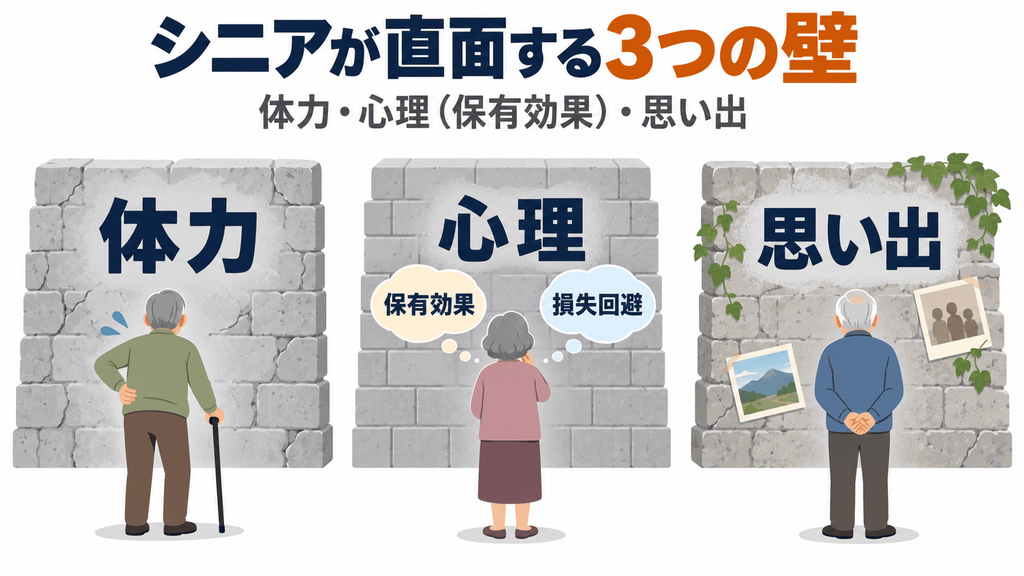 シニアの整理を阻む3つの壁(体力/心理=保有効果/思い出)を示す概念図。