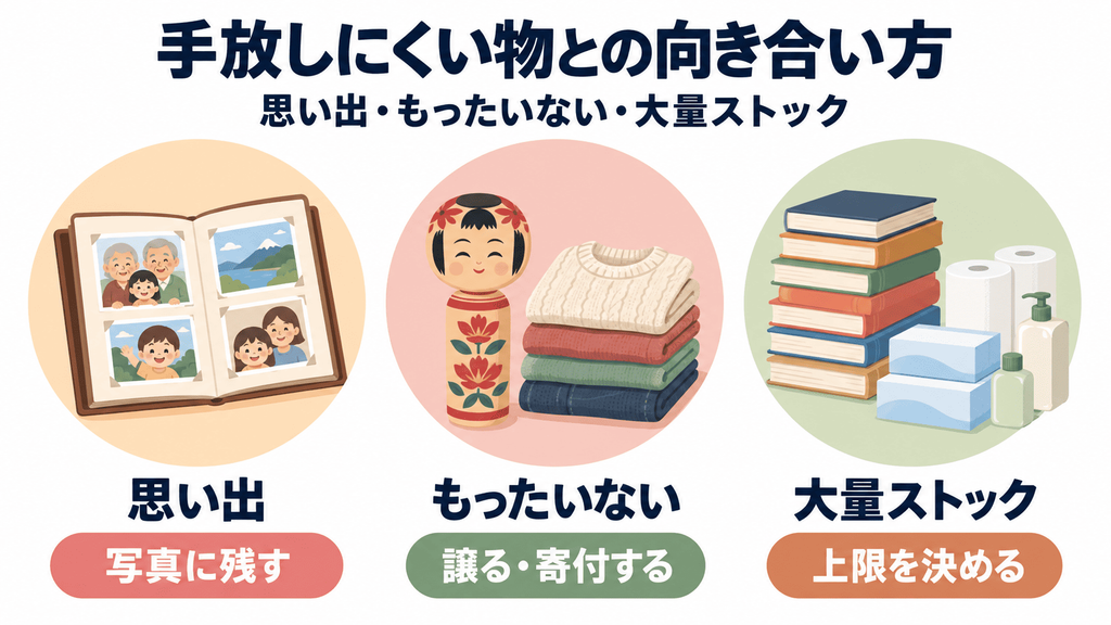 シニアが手放しにくい3カテゴリ(思い出の品・もったいない物・大量ストック)と対処法を示す図解。