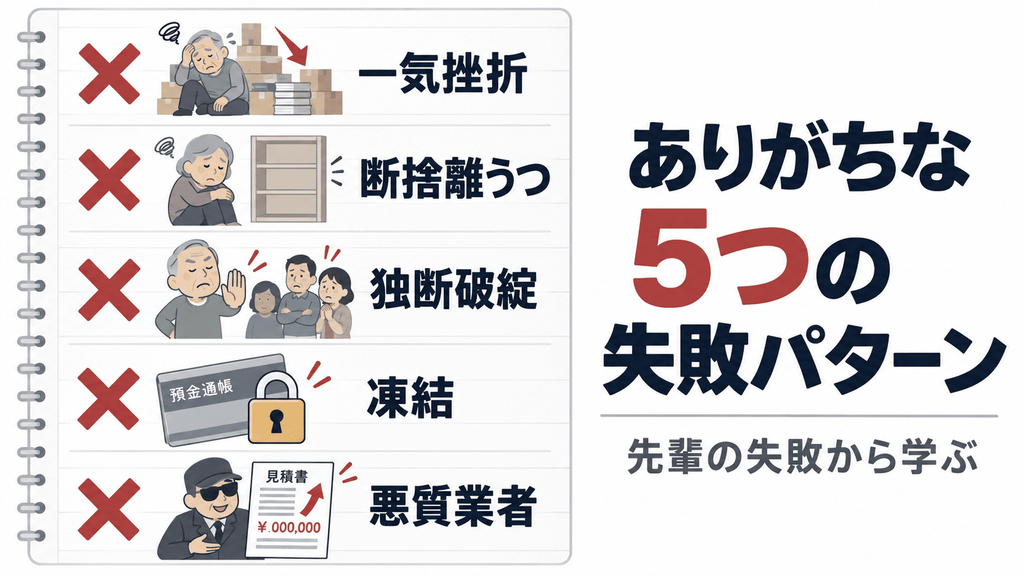 シンプルライフ5つの失敗パターン(一気挫折・断捨離うつ・独断破綻・凍結・悪質業者)をチェックリストで示した図解。