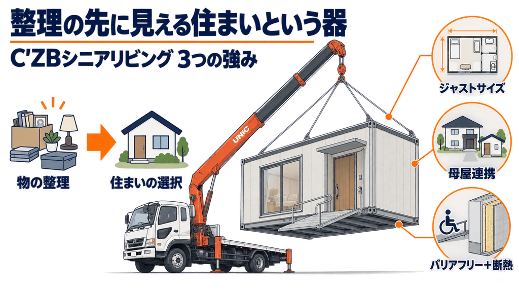 物の整理から住まいの選択へのフローと、CZBシニアリビングの3つの強み(ジャストサイズ・母屋連携・バリアフリー+断熱)を示す図解。