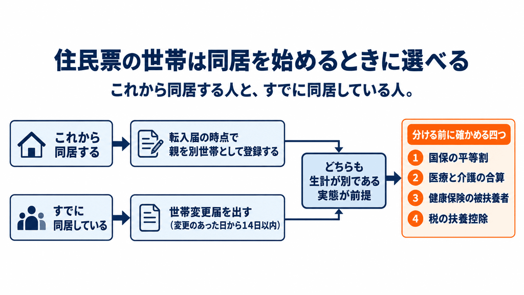 これから同居する人と、すでに同居している人で分かれる住民票の世帯の手続きを示したフローチャート