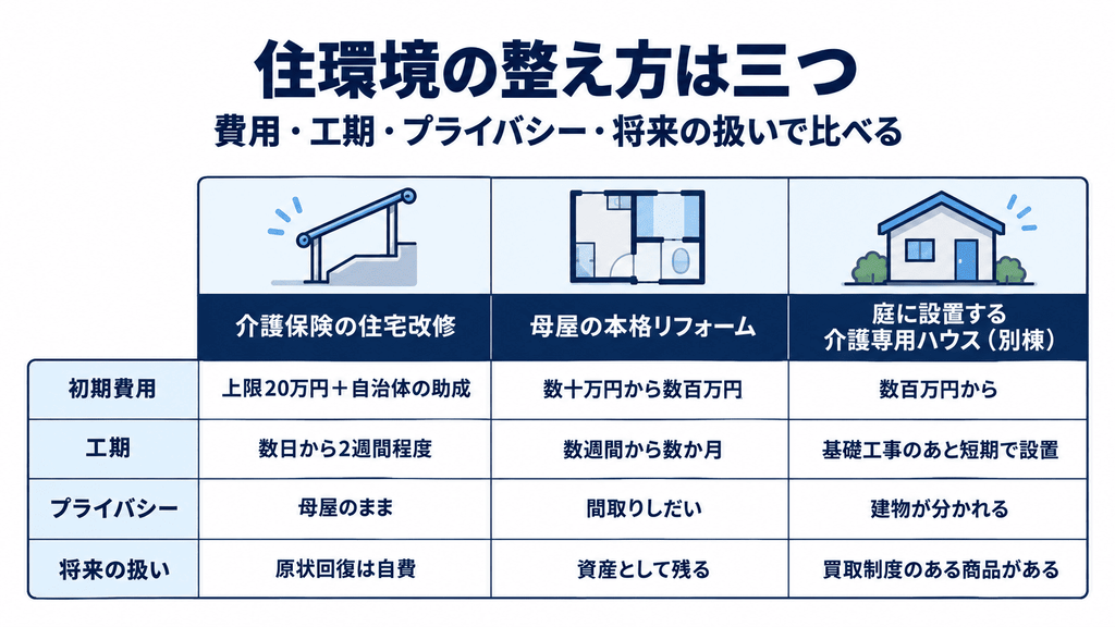介護保険の住宅改修・母屋の本格リフォーム・庭に設置する介護専用ハウスを、費用・工期・プライバシー・将来の扱いで比べた表