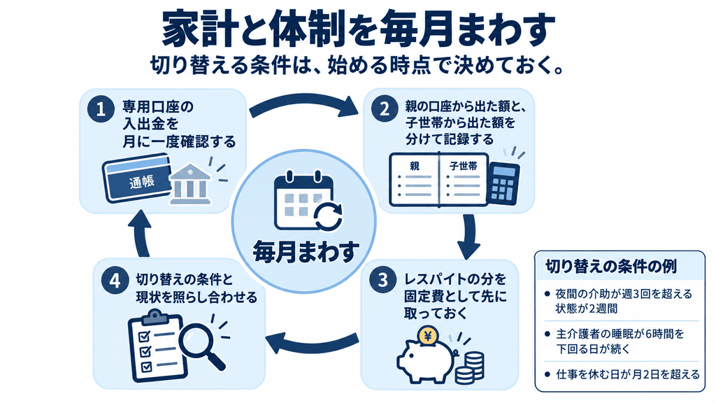 専用口座の確認から切り替え条件の点検までを毎月1周する運用サイクルを示した循環図