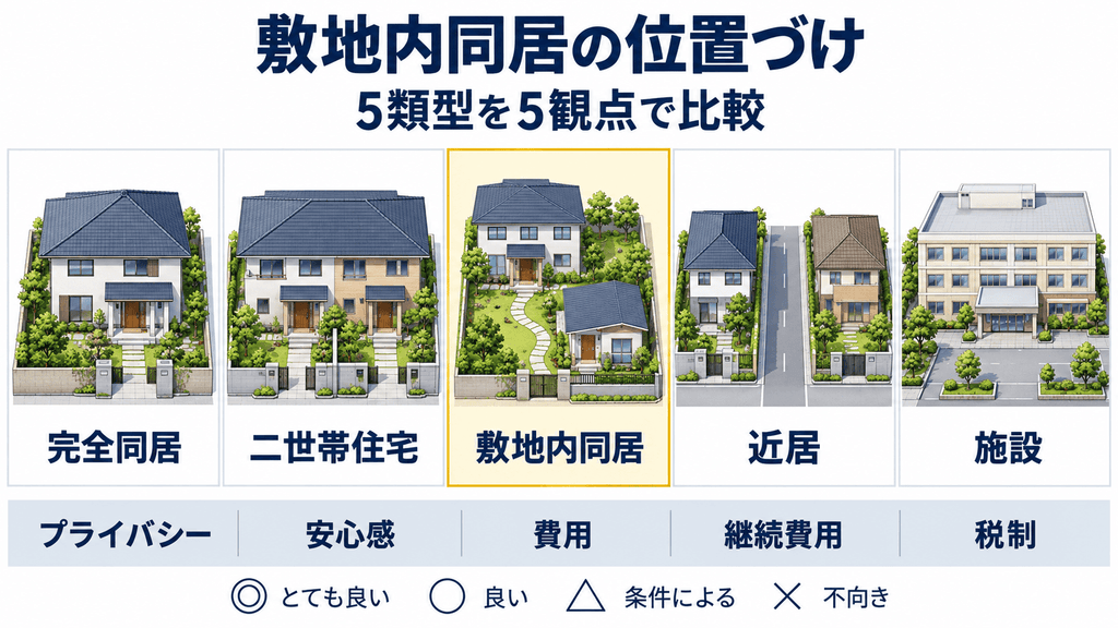 完全同居・二世帯住宅・敷地内同居・近居・施設の5類型比較インフォグラフィック