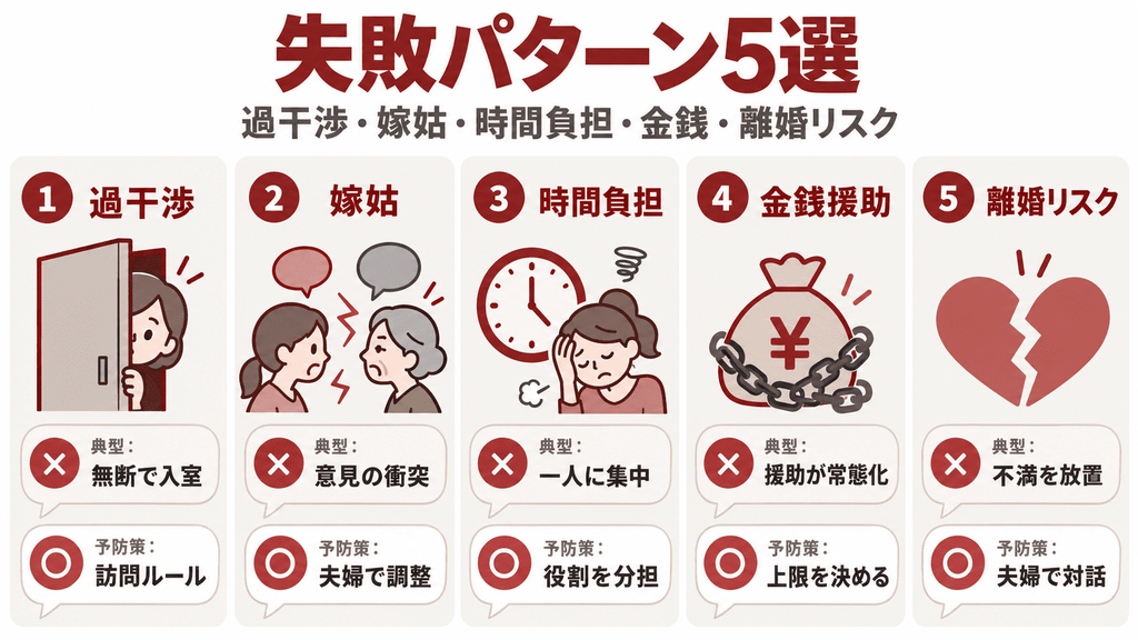 敷地内同居の5つの失敗パターンと予防策を示す警告型インフォグラフィック