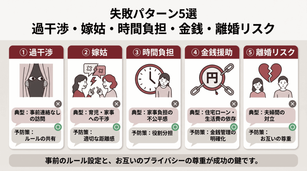 敷地内同居の5つの失敗パターンと予防策を示す警告型インフォグラフィック